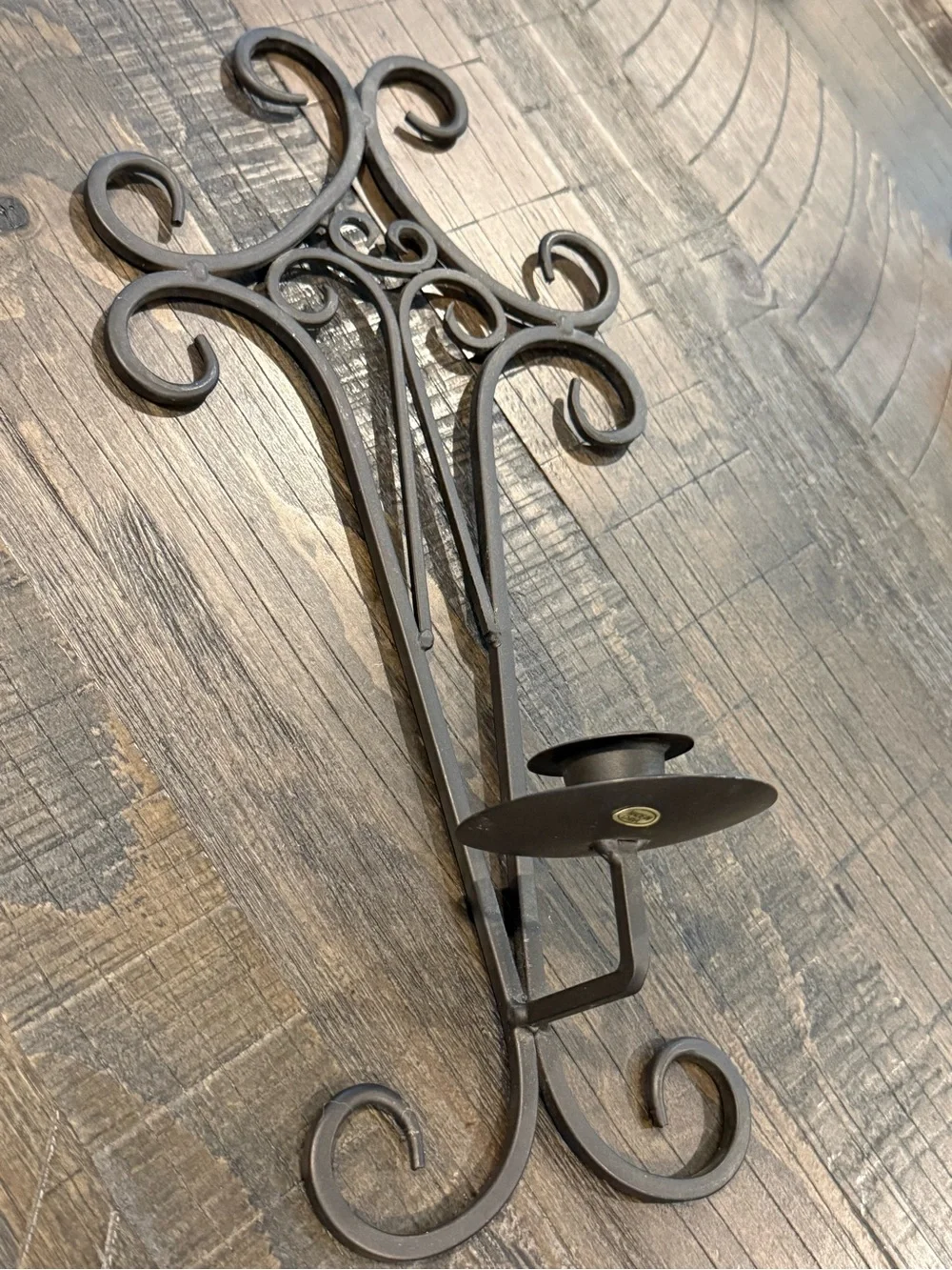Vintage Pair Wrought Iron Sconces Wall Hanging Scrollwork Pillar Candle Holder